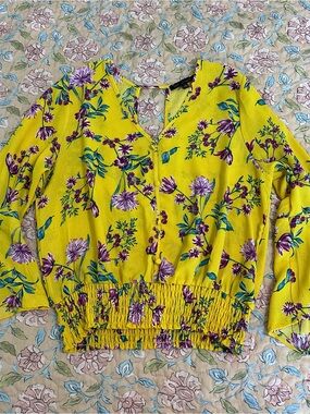 Kaii Yellow Floral Smocked-Waist V-Neck Blouse